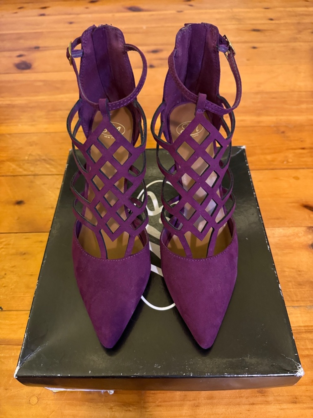 SM New York Purple Lattice Pointed Toe Ankle Strap Heels